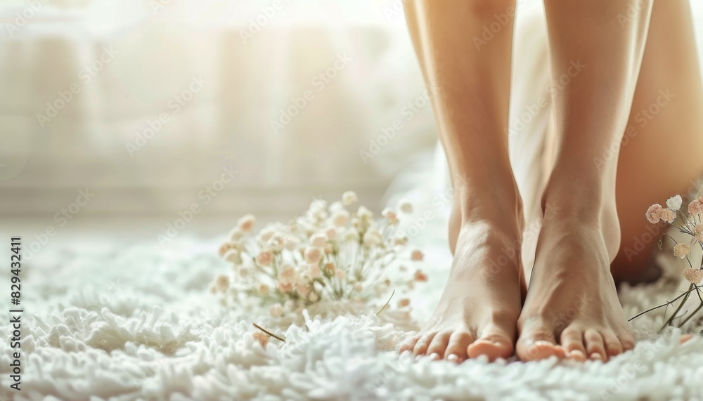 Female legs with pedicure nails. Care about nails and clean, soft, smooth body skin Female legs with pedicure nails. Care about nails and clean, soft, smooth body skin