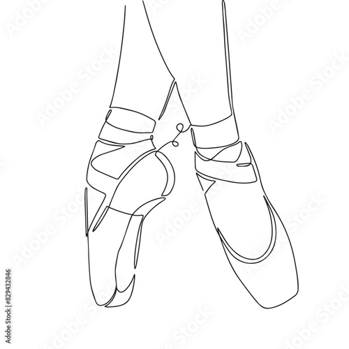 Ballerina's feet in pointe shoes. World Ballet Day. One line drawing for different uses. Pointe shoes line art drawing on white background. Outline ballet vector illustration. 