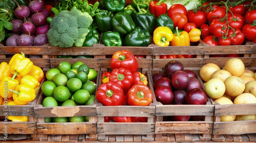 Vibrant Fresh Produce Scene at a Market's Wooden Crates Section Vibrant Fresh Produce Scene at a Market's Wooden Crates Section