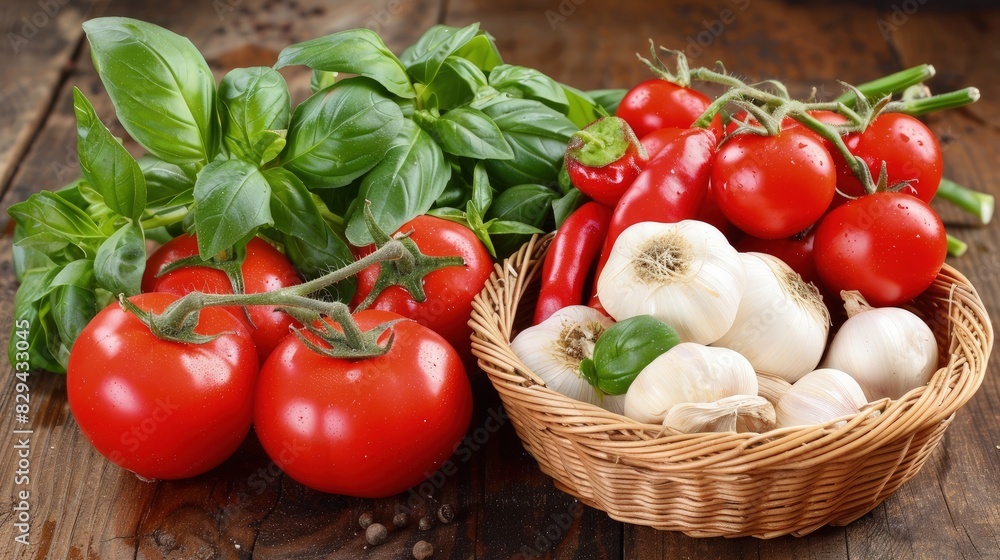 A Rustic Display of Fresh Produce and Herbs on a Wooden Table A Rustic Display of Fresh Produce and Herbs on a Wooden Table