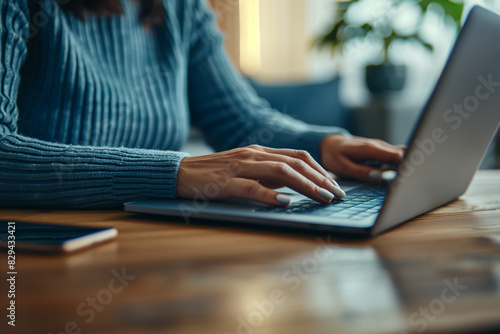 Close up of a woman's hands typing on a laptop keyboard at a wooden table, with a smartphone lying nearby. Concept for online shopping or remote work, working from a home office. Shot in the style of 