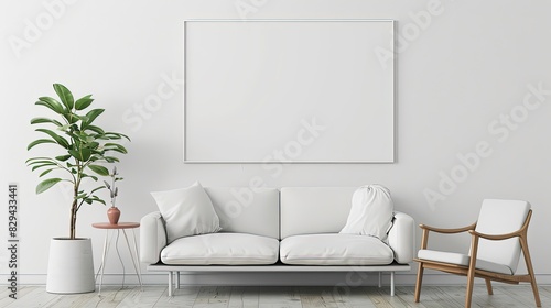 A Minimalist Living Room with White Sofa, Plant, and Wooden Chair. photo