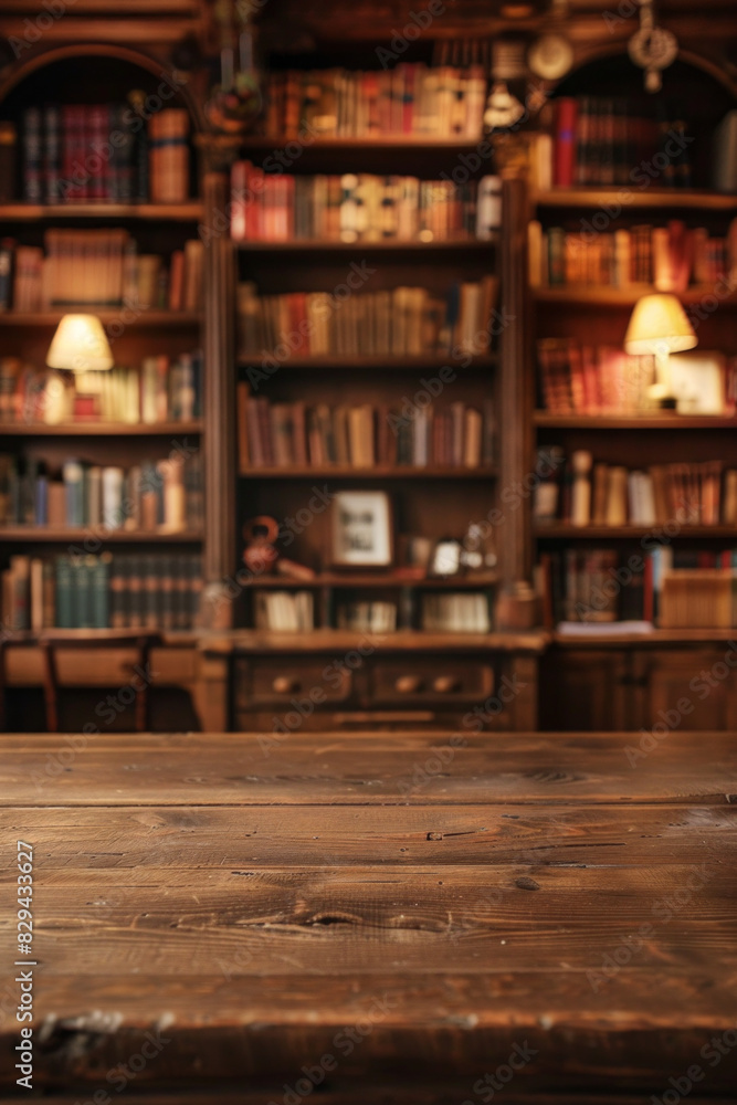 A wooden counter in the foreground with a blurred background of a vintage bookstore. The background includes tall bookshelves filled with old books, and comfortable reading nooks. A wooden counter in the foreground with a blurred background of a vintage bookstore. The background includes tall bookshelves filled with old books, and comfortable reading nooks.