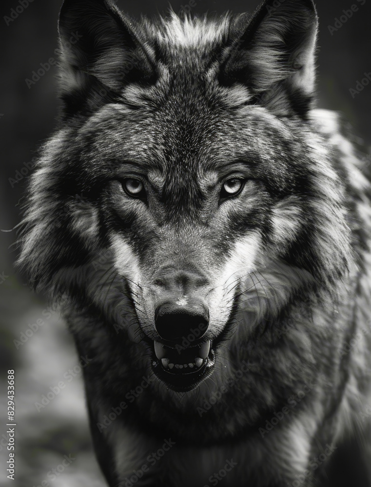 Intense Greyscale Closeup of Angry Wolf with Blurred Background - Wild Predator, Animal Expression, Ferocity in Nature Intense Greyscale Closeup of Angry Wolf with Blurred Background - Wild Predator, Animal Expression, Ferocity in Nature
