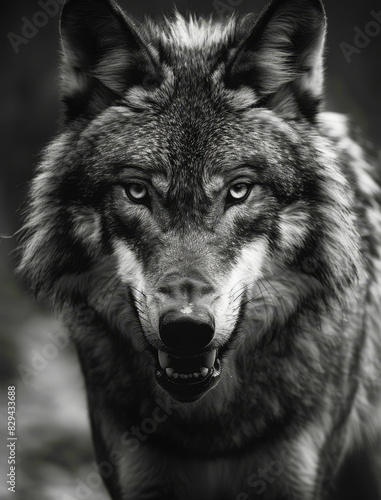 Intense Greyscale Closeup of Angry Wolf with Blurred Background - Wild Predator  Animal Expression  Ferocity in Nature