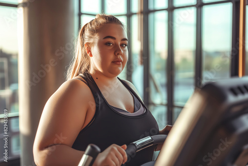 A young fat woman is exercising in the gym © Jelena