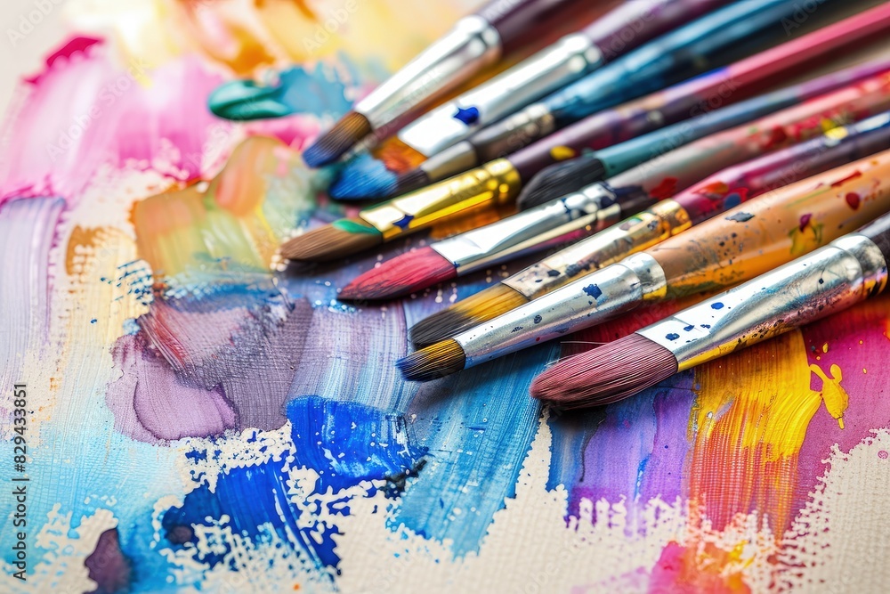 Collection of Various Paintbrushes and Colorful Bristles Scattered Across a White Canvas