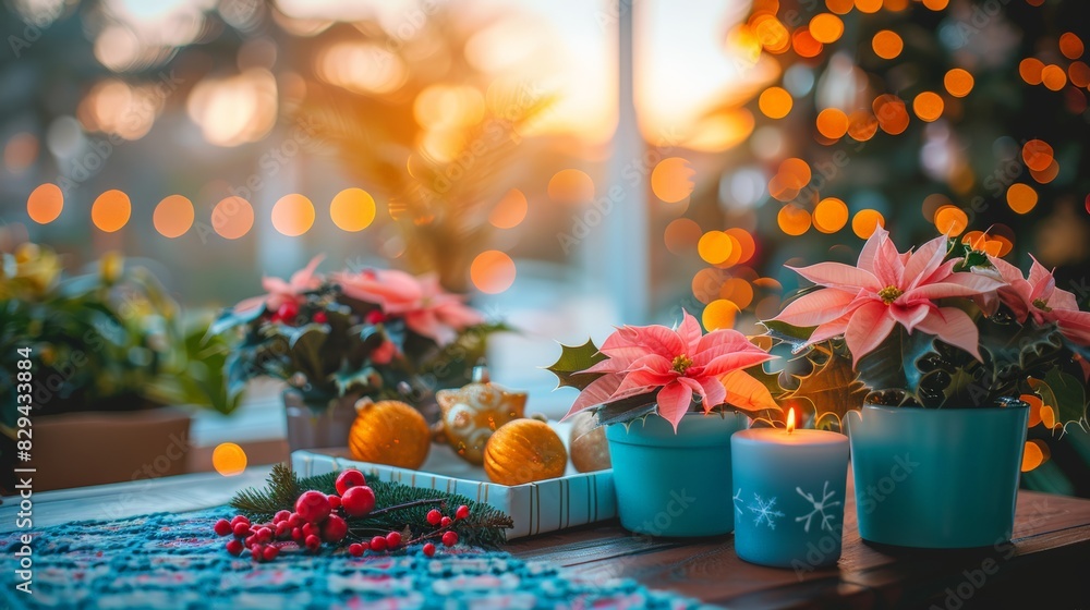 A festive arrangement of poinsettias, candles, and Christmas ornaments on a wooden table, illuminated by soft, warm lights in the background, creating a cozy holiday setting A festive arrangement of poinsettias, candles, and Christmas ornaments on a wooden table, illuminated by soft, warm lights in the background, creating a cozy holiday setting
