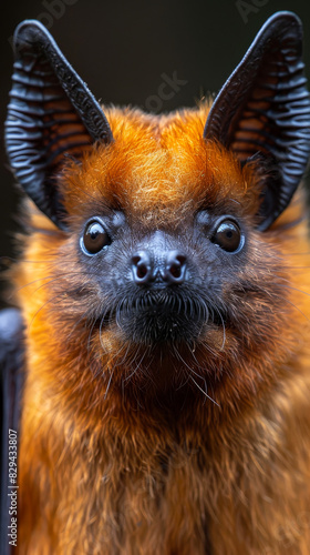 Closeup of a Brown Bat Gazing at Camera with Blurry Background, Detailed Fur Texture, Wildlife Photography, Concept of Nocturnal Animals, Nature Exploration, Conservation Awareness photo