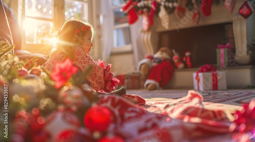 A little girl enjoying Christmas morning by the fireplace  surrounded by decorations and presents. The sunlight streams in  creating a warm and joyous atmosphere