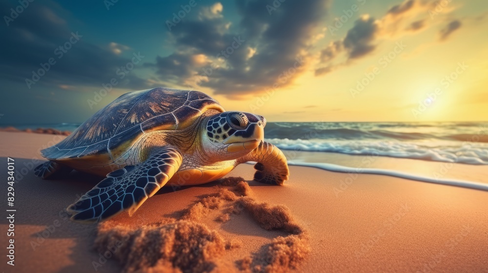 Obraz premium Little sea turtle on the sandy beach in morning time