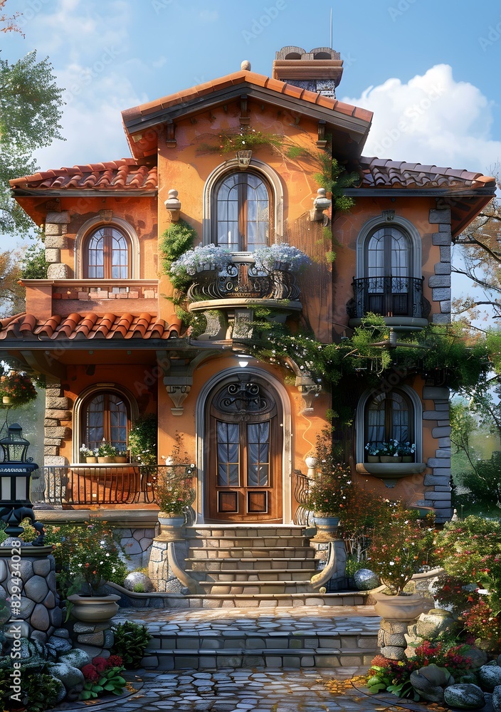European style house exterior with beautiful flower decoration
