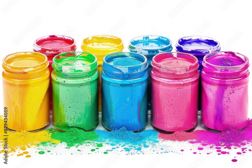 Nine Jars of Colorful Paint Against a White Background with Scattered Splatters Nine Jars of Colorful Paint Against a White Background with Scattered Splatters