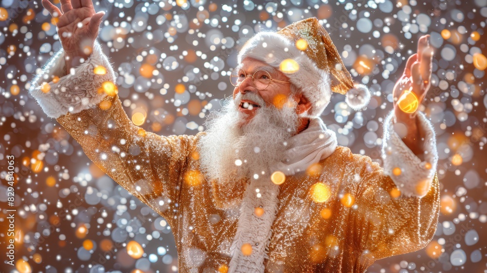 Santa Claus in a golden suit, joyfully welcoming the festive season amidst falling snow and warm holiday light