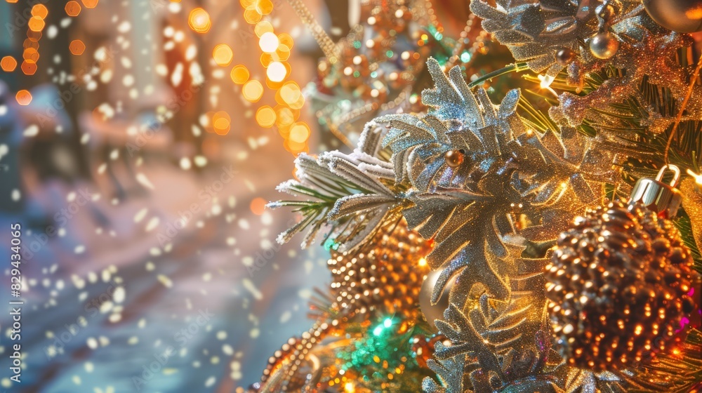 Christmas tree branch with glittering ornaments and golden lights, creating a festive holiday atmosphere with sparkling details Christmas tree branch with glittering ornaments and golden lights, creating a festive holiday atmosphere with sparkling details
