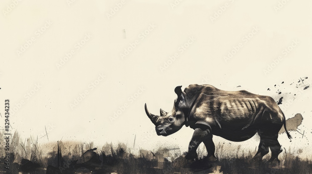 Fototapeta premium Indian Rhinoceros Immortalized Through Monochrome Photography in Serene Solitude