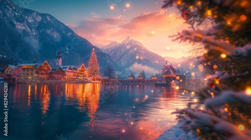 Christmas village at dusk with lights reflecting on a lake and snow-covered mountains in the background