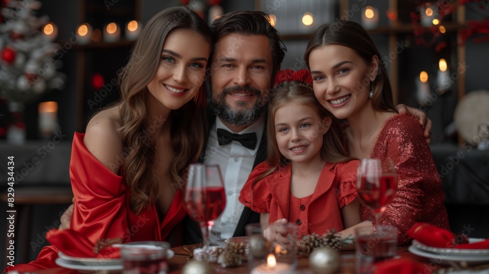 Family of four dressed in red enjoying a Christmas dinner, surrounded by festive decorations and warm lighting Family of four dressed in red enjoying a Christmas dinner, surrounded by festive decorations and warm lighting