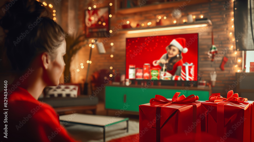 Woman watching a Christmas movie on TV, surrounded by holiday decorations and wrapped gifts