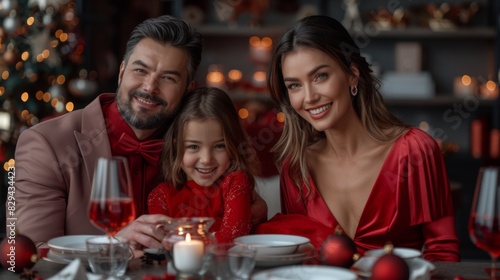 Smiling family in festive attire enjoying a holiday meal together  with Christmas decorations in the background