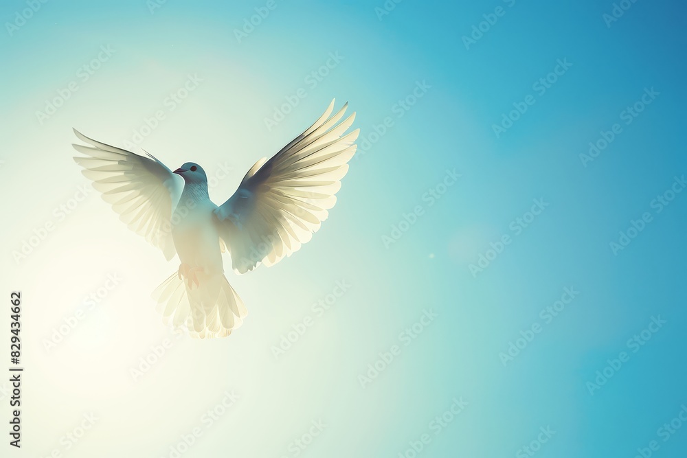Fototapeta premium Memorial Day peace depicted with a minimalist silhouette of a dove soaring focus on, serene remembrance, futuristic, manipulation against a clear blue sky backdrop