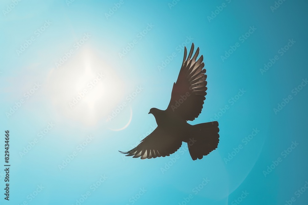 Obraz premium Memorial Day peace depicted with a minimalist silhouette of a dove soaring focus on, serene remembrance, futuristic, manipulation against a clear blue sky backdrop