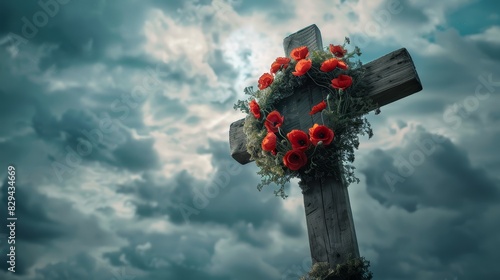Memorial Day homage with a poppy wreath on a rustic wooden cross focus on, reflective tribute, ultrarealistic, manipulation against a cloudy sky backdrop photo