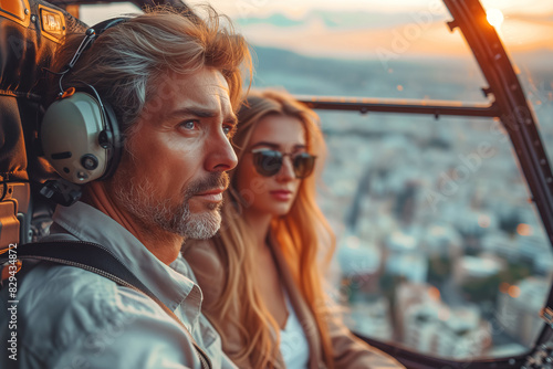 Couple in the cockpit of a helicopter at sunset photo