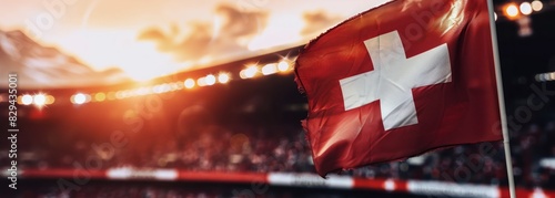 Swiss flag at stadium. Sport concept. Football background photo