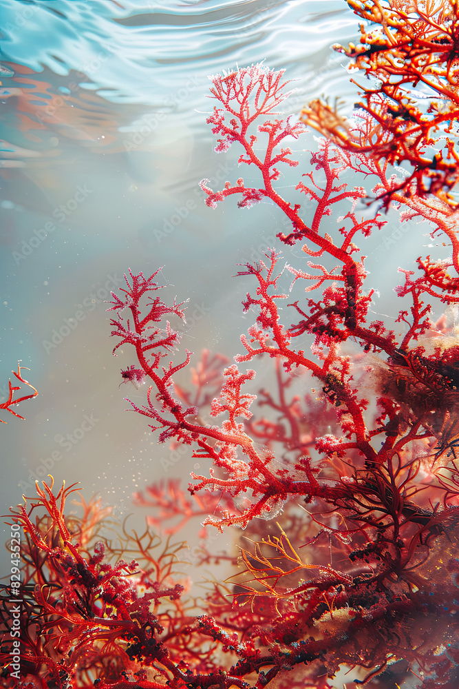 Bright red algae with filamentous branches in clear marine water, illuminated by sunlight near a coral reef.