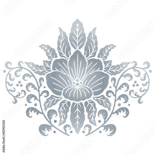 Hand drawn gray floral Damask motif isolated on white background. Abstract symmetric botanical decor.