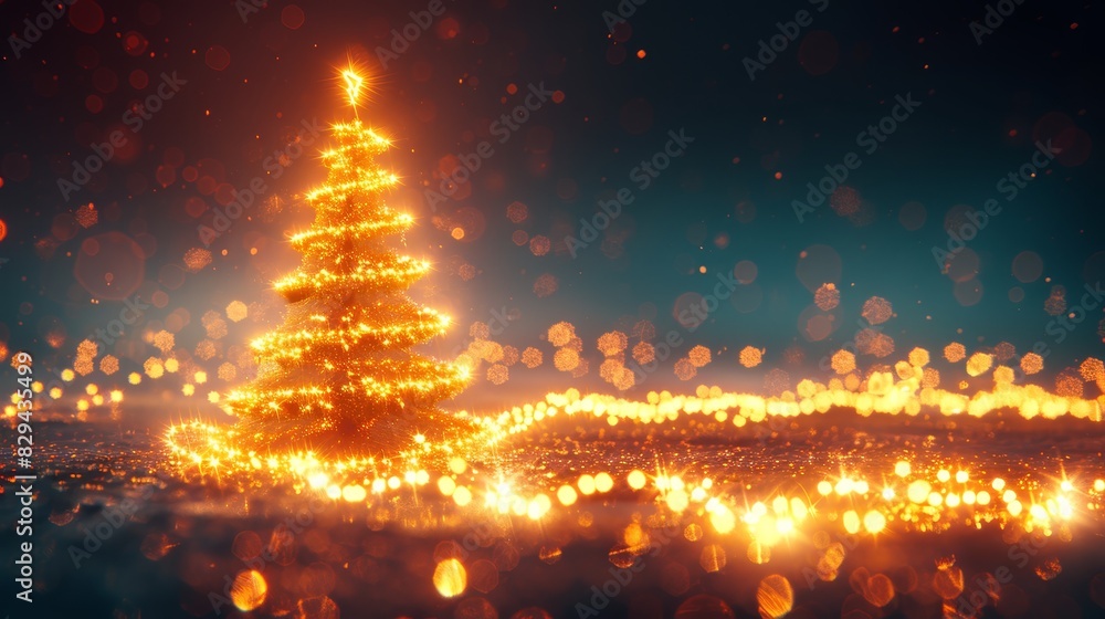 A brightly lit Christmas tree in the foreground against a nighttime backdrop Bokeh of twinkling lights adorn the tree, while the background subtly blurs into A brightly lit Christmas tree in the foreground against a nighttime backdrop Bokeh of twinkling lights adorn the tree, while the background subtly blurs into