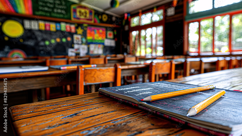 A black notebook with a pencil and pen on top. The notebook is open on a page with a rainbow. The scene is cheerful and bright.School classroom ready to begin.