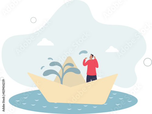 panic businessman frustrated fix leaking water in sinking boat or ship.flat vector illustration.