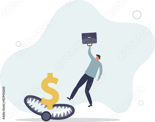 investor running and jumping into lore money pitfall or mouse trap with big money dollar sign bait.flat vector illustration.
