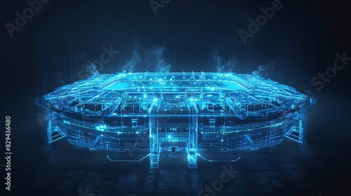 A holographic blueprint of a football stadium, its iconic form outlined in intricate neon blue patterns, suspended against a dark void. photo