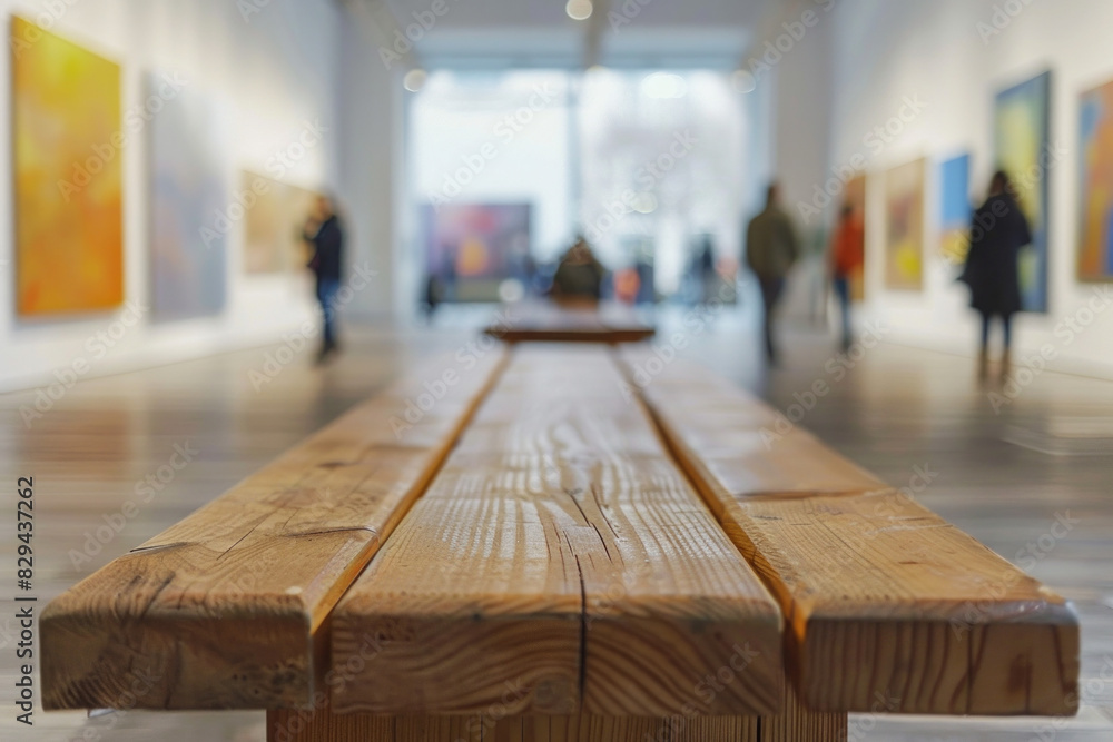 A wooden bench in the foreground with a blurred background of an art gallery. The background includes various paintings and sculptures on display and visitors viewing the artwork. A wooden bench in the foreground with a blurred background of an art gallery. The background includes various paintings and sculptures on display and visitors viewing the artwork.