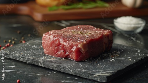 Fresh steak on a stone table with seasoning and meat tenderizer photo