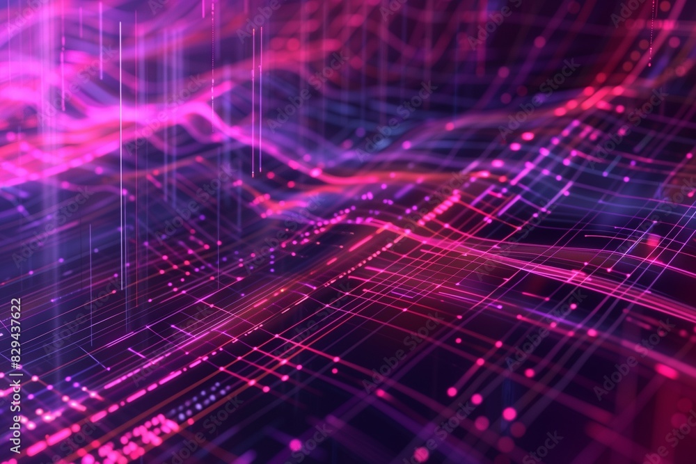 A dynamic digital background with interlacing strands of bright magenta and purple, represents audio and visual data transmission. 