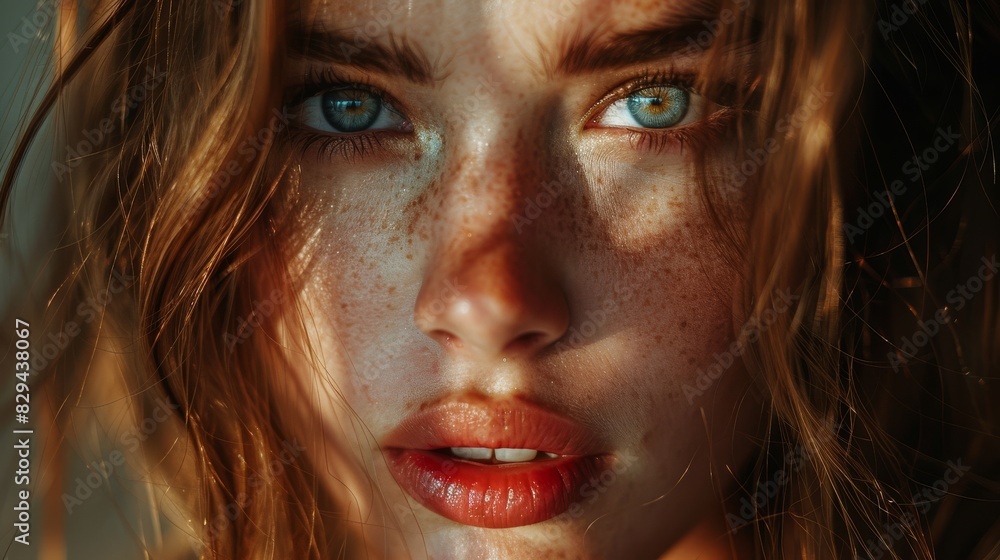Photo of a girl's face, highlights in the eyes created with Generative AI technology Photo of a girl's face, highlights in the eyes created with Generative AI technology