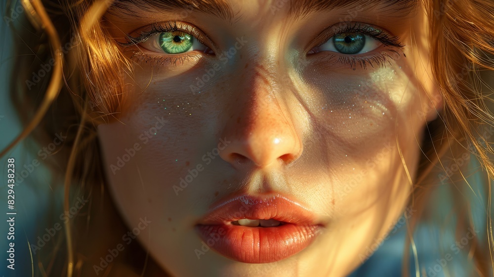 Photo of a girl's face, highlights in the eyes created with Generative AI technology