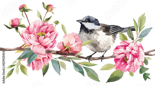 Watercolor floral illustration  bird with bright pin photo