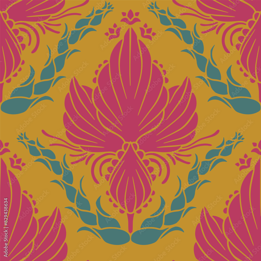 Seamless pattern of magenta Damask motifs on a golden yellow background. Floral abstract repeat background. Seamless pattern of magenta Damask motifs on a golden yellow background. Floral abstract repeat background.