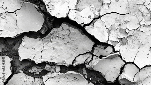  A monochrome image of a building's wall, displaying numerous cracks and layers of white paint, suggesting vandalism photo
