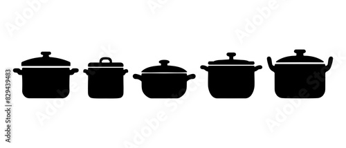 simple black and white kitchen utensils, Cooking pots with lid silhouette black filled vector Illustration icon.