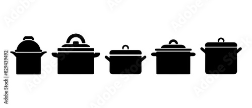 simple black and white kitchen utensils, Cooking pots with lid silhouette black filled vector Illustration icon.