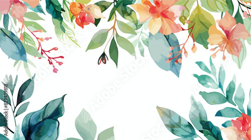 Watercolor flowers and leaves border hand drawn isola photo