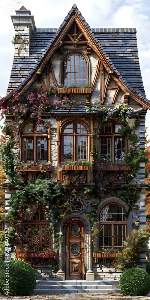 European-style architecture house with flowers