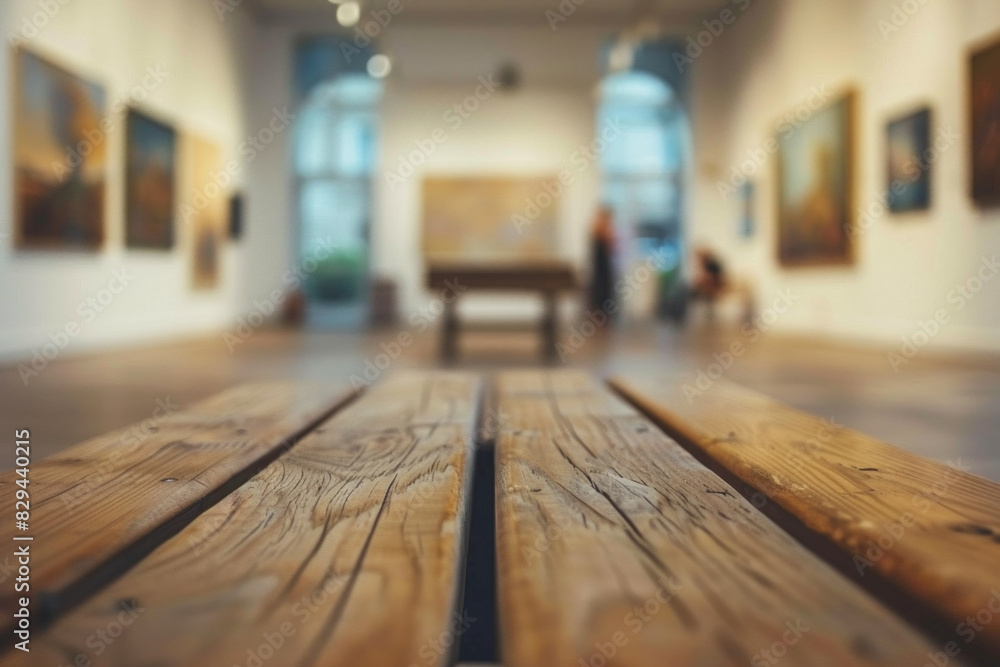 A wooden bench in the foreground with a blurred background of an art gallery. The background includes various paintings and sculptures on display and visitors viewing the artwork. A wooden bench in the foreground with a blurred background of an art gallery. The background includes various paintings and sculptures on display and visitors viewing the artwork.