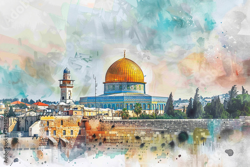 Watercolor hand draw The Al-Aqsa Mosque in Jerusalem is one of the oldest mosques in the world and holds significant religious importance in Islam.
